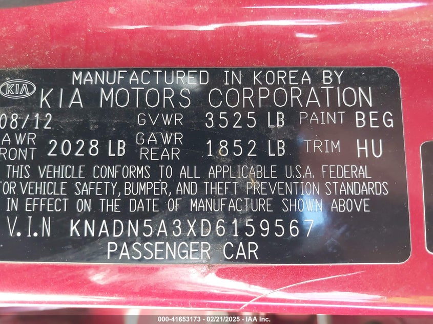 2013 KIA RIO VIN: KNADN5A3XD6159567