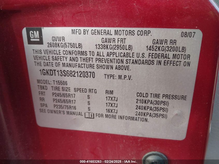 2008 GMC Envoy Sle VIN: 1GKDT13S682120370 Lot: 41653263