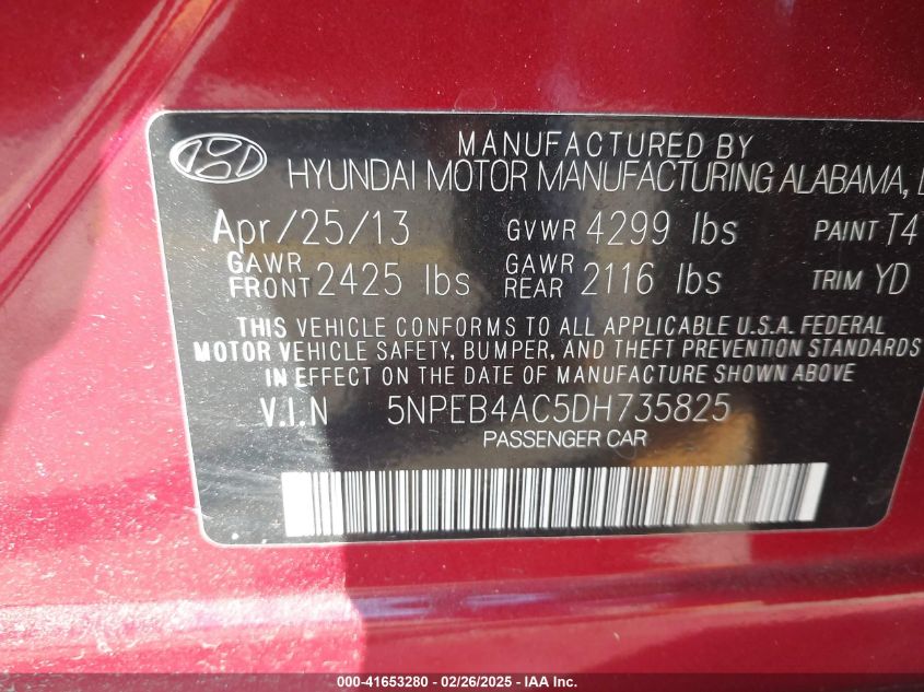 2013 Hyundai Sonata Gls VIN: 5NPEB4AC5DH735825 Lot: 41653280