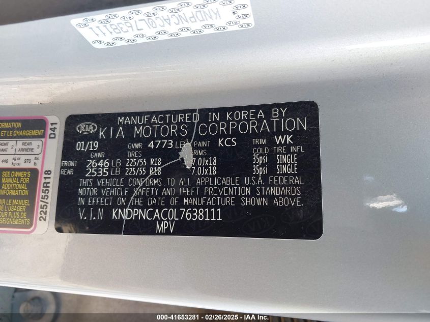 2020 Kia Sportage Ex VIN: KNDPNCAC0L7638111 Lot: 41653281