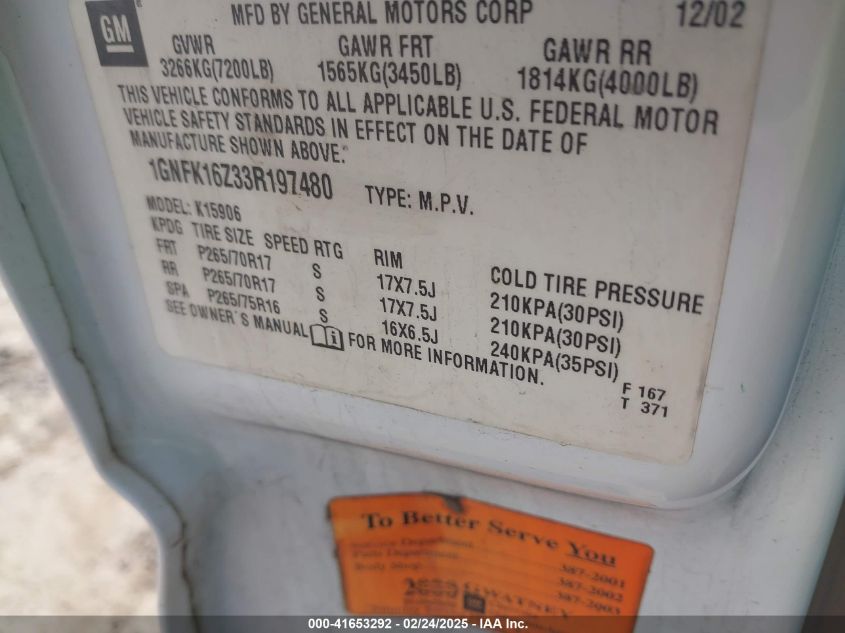 2003 Chevrolet Suburban 1500 Z71 VIN: 1GNFK16Z33R197480 Lot: 41653292