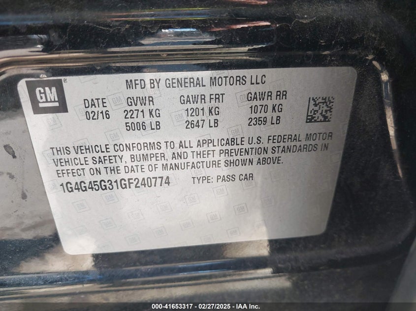 2016 BUICK LACROSSE VIN: 1G4G45G31GF240774