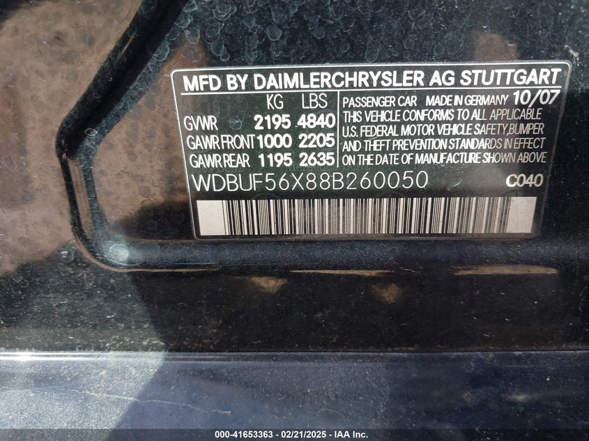 2008 Mercedes-Benz E 350 VIN: WDBUF56X88B260050 Lot: 41653363