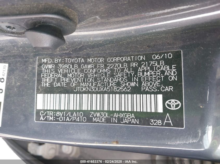 2010 Toyota Prius Iv VIN: JTDKN3DUXA5182562 Lot: 41653376