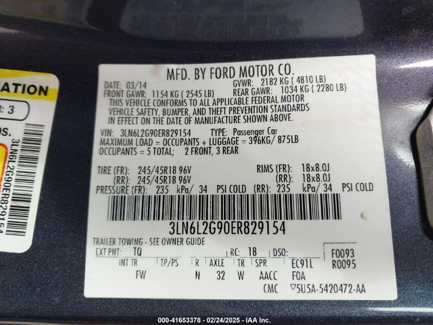 2014 Lincoln Mkz VIN: 3LN6L2G90ER829154 Lot: 41653378