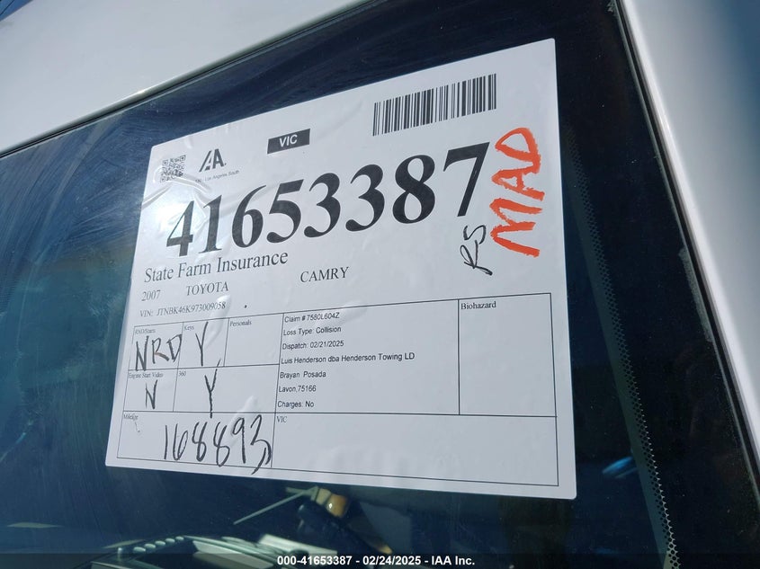 2007 TOYOTA CAMRY VIN: JTNBK46K973009058