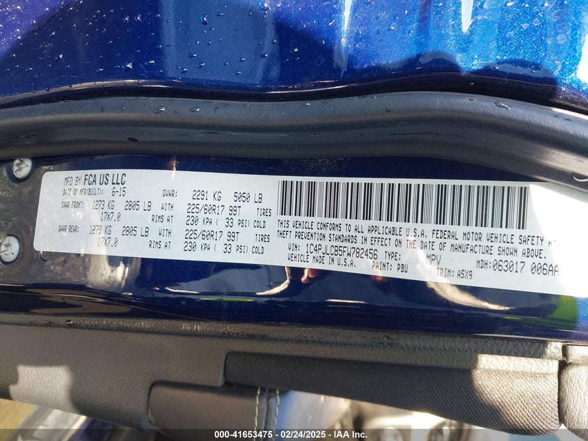 2015 JEEP CHEROKEE VIN: 1C4PJLCB5FW782456