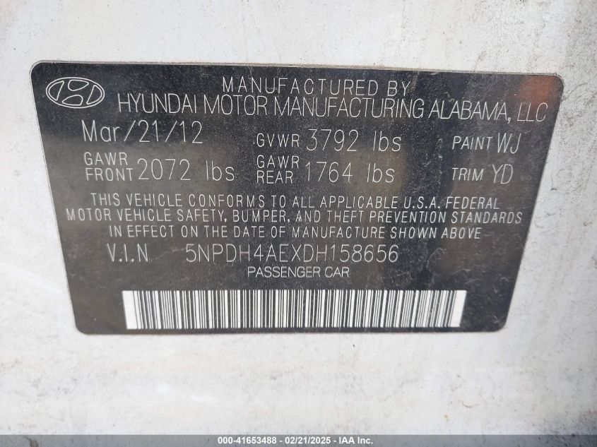 2013 Hyundai Elantra Gls VIN: 5NPDH4AEXDH158656 Lot: 41653488