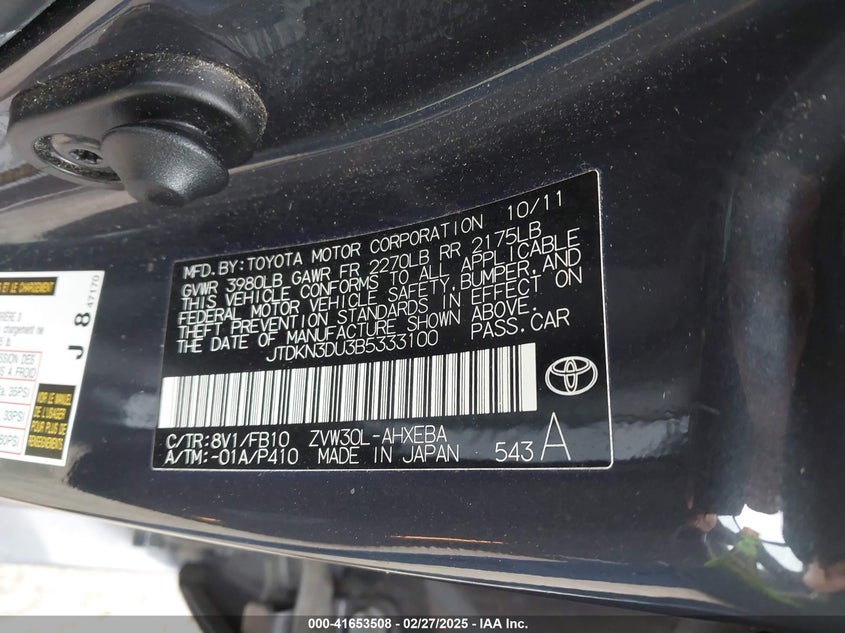 2011 TOYOTA PRIUS VIN: JTDKN3DU3B5333100