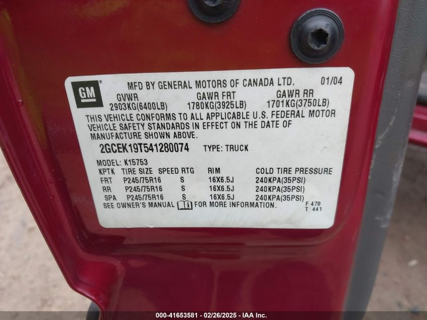 2004 Chevrolet Silverado 1500 Ls VIN: 2GCEK19T541280074 Lot: 41653581