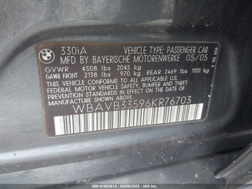 2006 BMW 330I VIN: WBAVB33596KR76703 Lot: 41653613