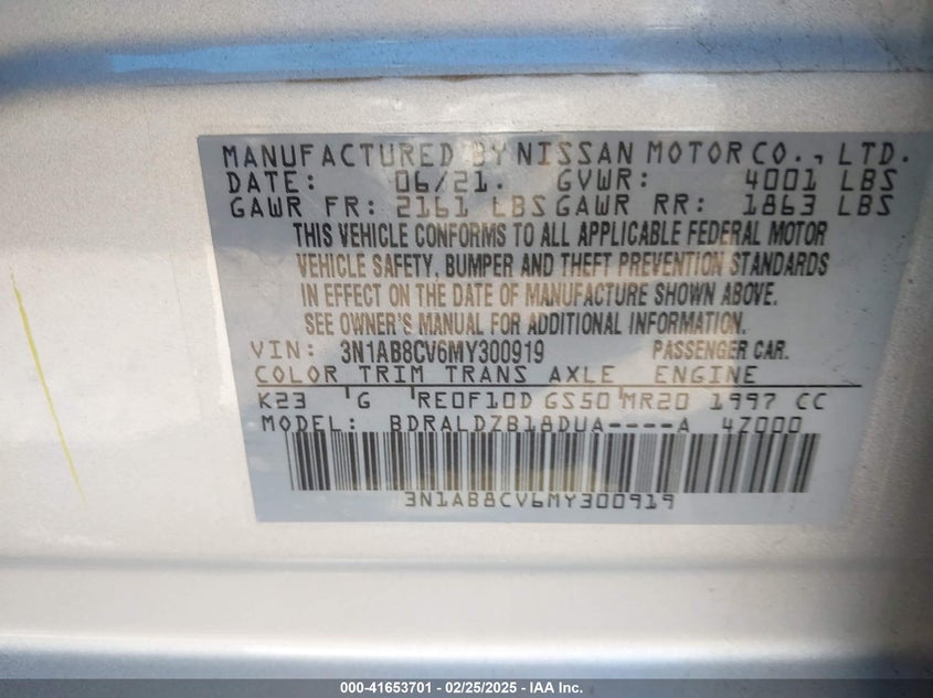 2021 NISSAN SENTRA VIN: 3N1AB8CV6MY300919