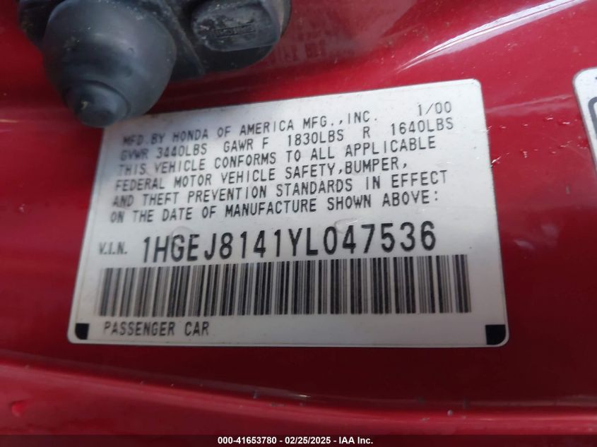 2000 Honda Civic Ex VIN: 1HGEJ8141YL047536 Lot: 41653780