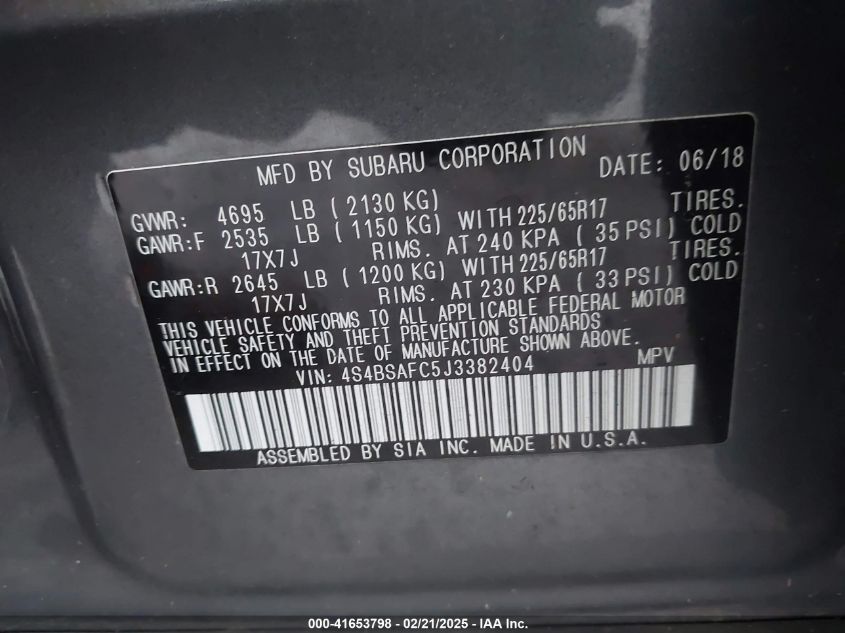 2018 Subaru Outback 2.5I Premium VIN: 4S4BSAFC5J3382404 Lot: 41653798