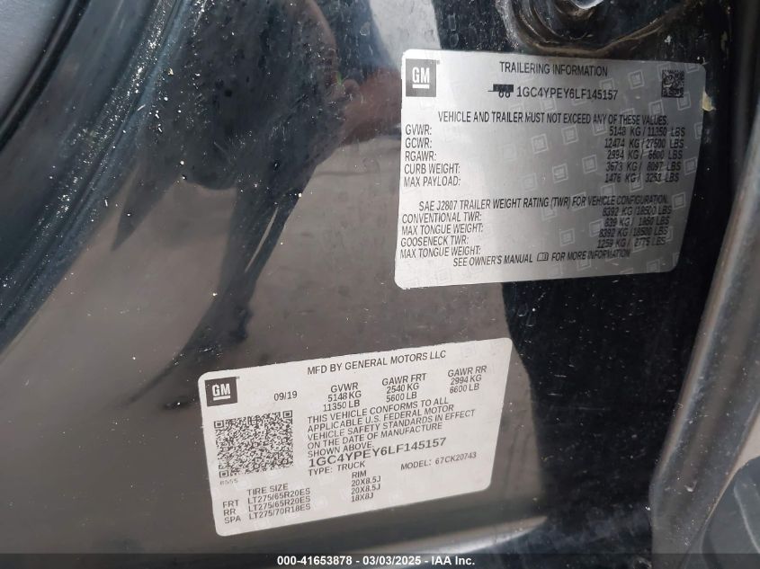 2020 Chevrolet Silverado 2500Hd 4Wd Standard Bed Ltz VIN: 1GC4YPEY6LF145157 Lot: 41653878
