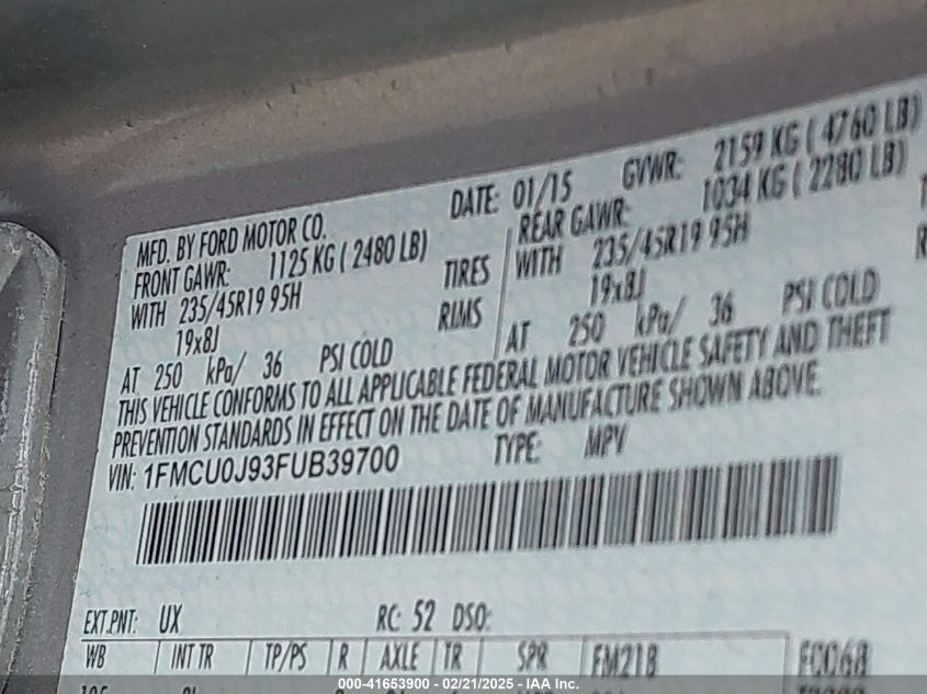 2015 Ford Escape Titanium VIN: 1FMCU0J93FVB39700 Lot: 41653900