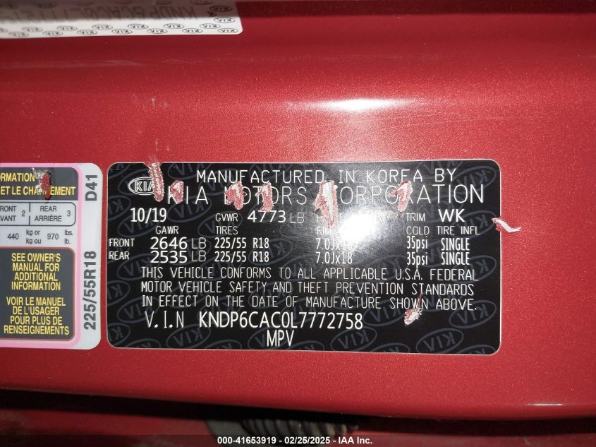 2020 Kia Sportage S VIN: KNDP6CAC0L7772758 Lot: 41653919