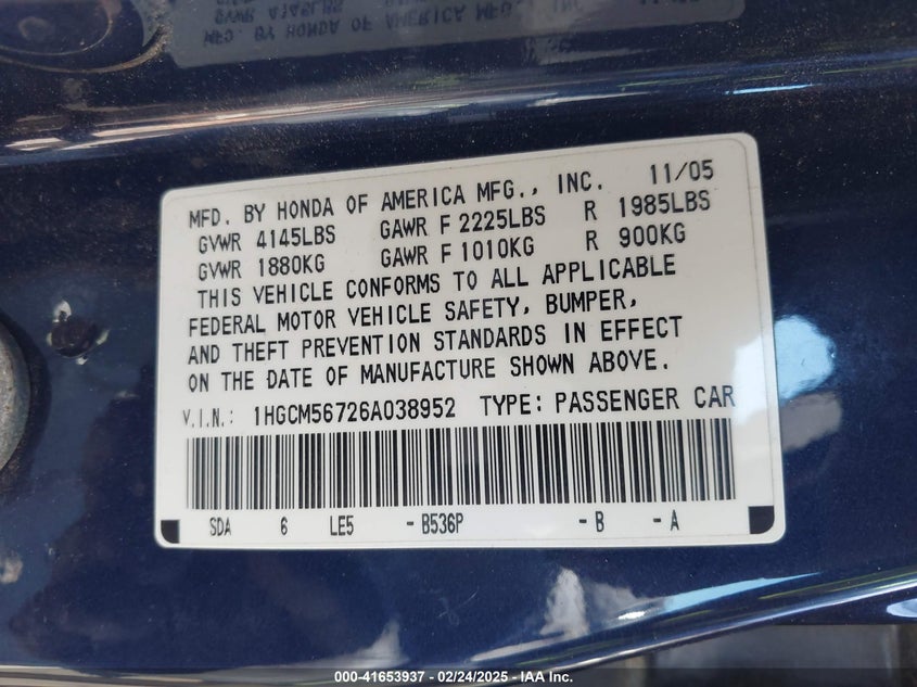 2006 HONDA ACCORD SDN VIN: 1HGCM56726A038952