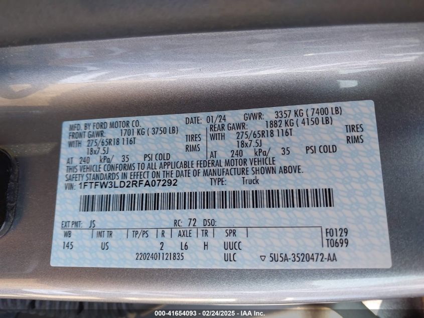 2024 Ford F-150 Xlt VIN: 1FTFW3LD2RFA07292 Lot: 41654093