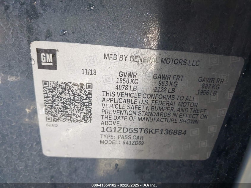 2019 CHEVROLET MALIBU VIN: 1G1ZD5ST6KF136884