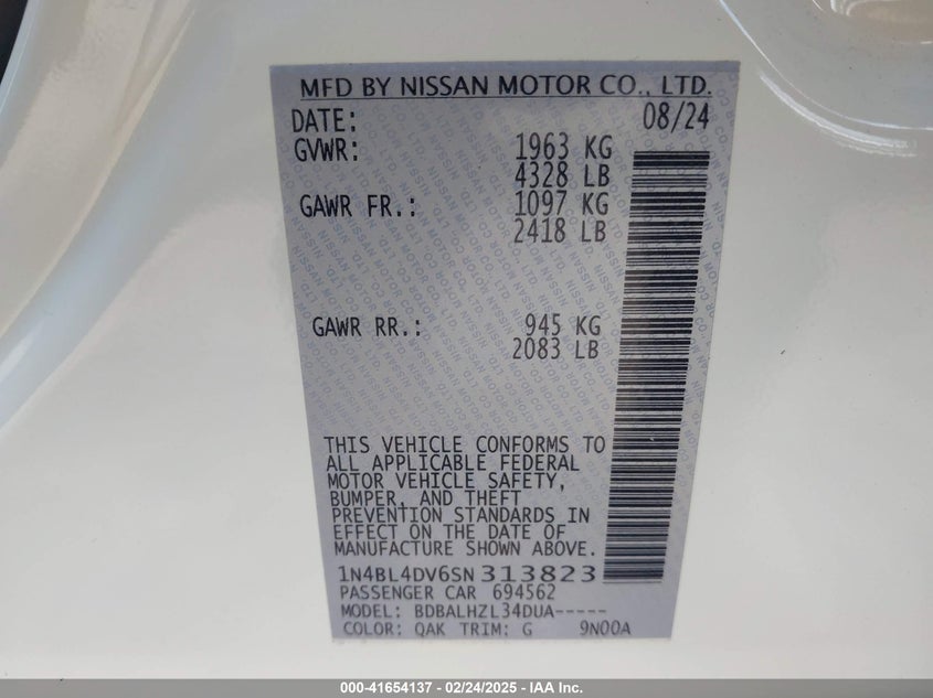 2025 NISSAN ALTIMA VIN: 1N4BL4DV6SN313823