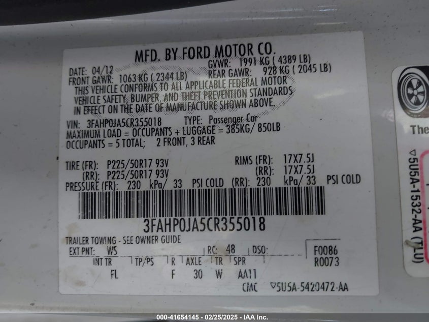 2012 FORD FUSION VIN: 3FAHP0JA5CR355018