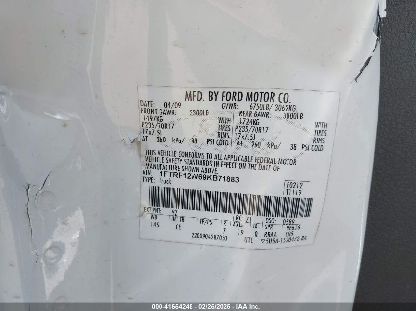 2009 Ford F-150 Stx/Xl/Xlt VIN: 1FTRF12W69KB71883 Lot: 41654248