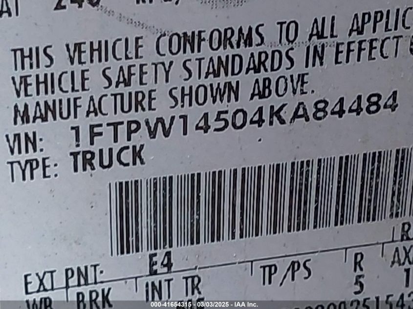 2004 Ford F-150 VIN: 1FTPW14504KA84484 Lot: 41654315