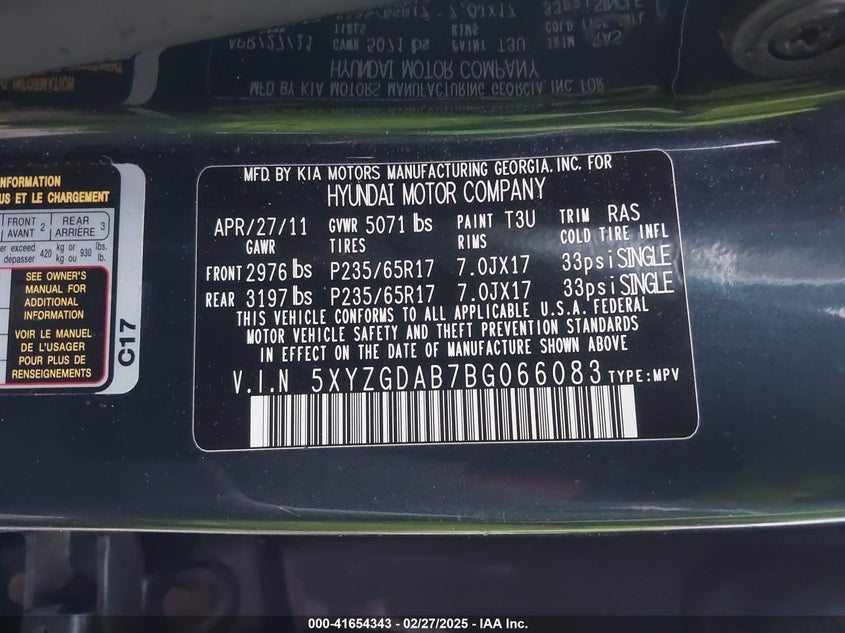 2011 HYUNDAI SANTA FE VIN: 5XYZGDAB7BG066083