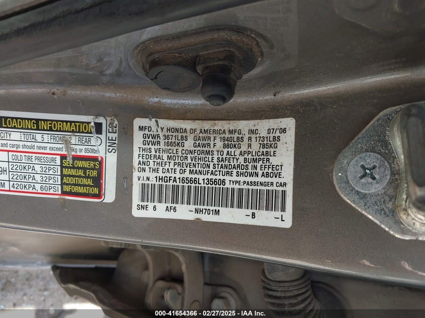 2006 HONDA CIVIC VIN: 1HGFA16566L135606