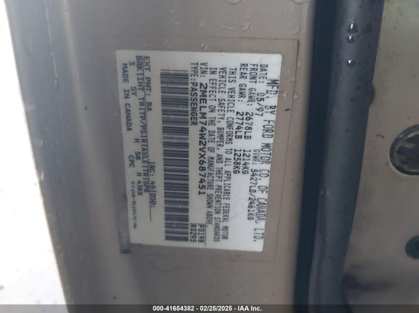 1997 Mercury Grand Marquis Gs VIN: 2MELM74W2VX687451 Lot: 41654382