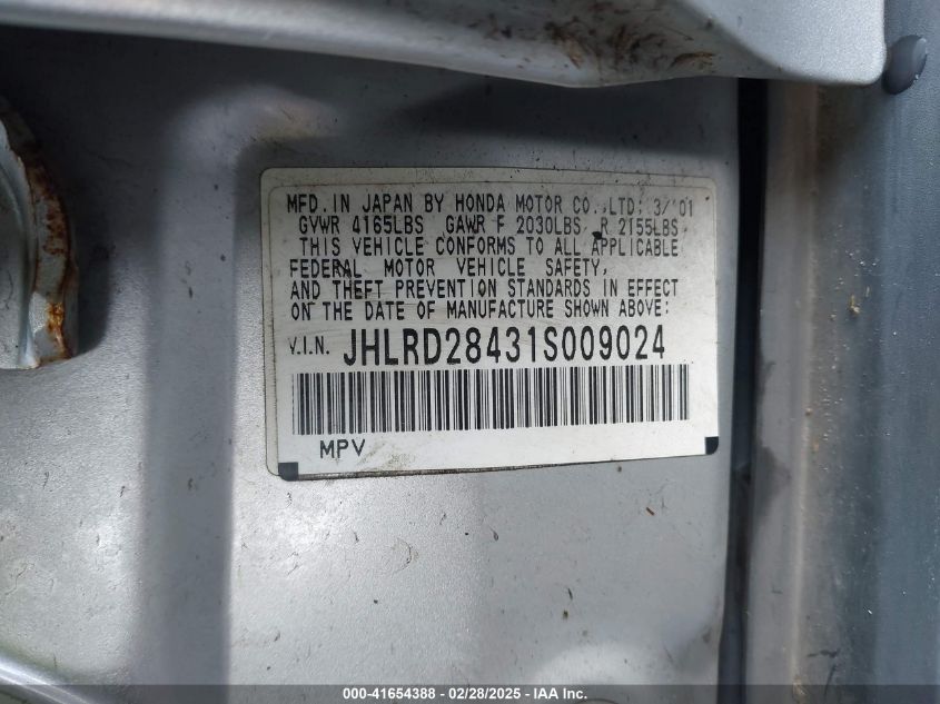 2001 Honda Cr-V Lx VIN: JHLRD28431S009024 Lot: 41654388