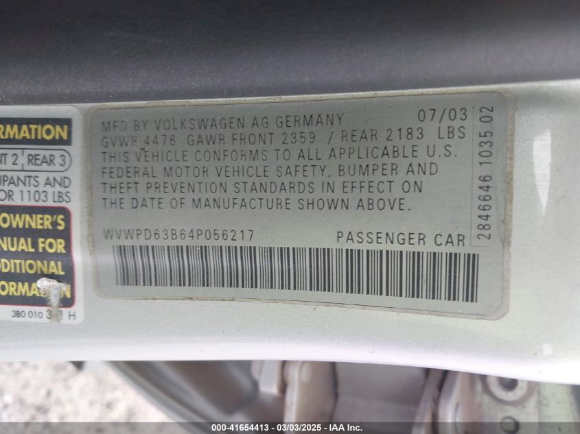 2004 Volkswagen Passat Gls VIN: WVWPD63B64P056217 Lot: 41654413