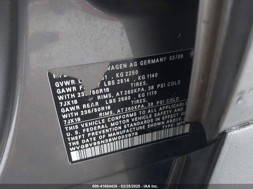 2009 Volkswagen Tiguan Se/Sel VIN: WVGBV95N39W002978 Lot: 41654438