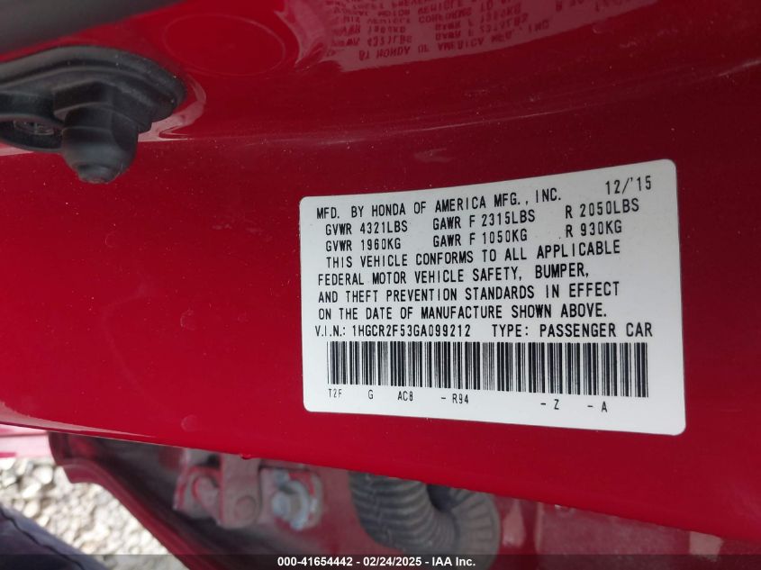 2016 Honda Accord Sport VIN: 1HGCR2F53GA099212 Lot: 41654442