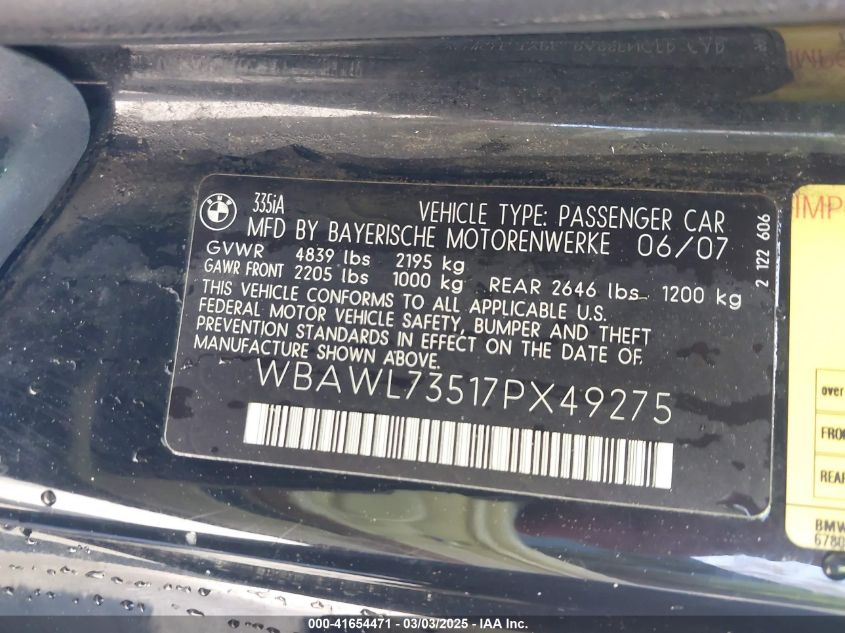 2007 BMW 335I VIN: WBAWL73517PX49275 Lot: 41654471