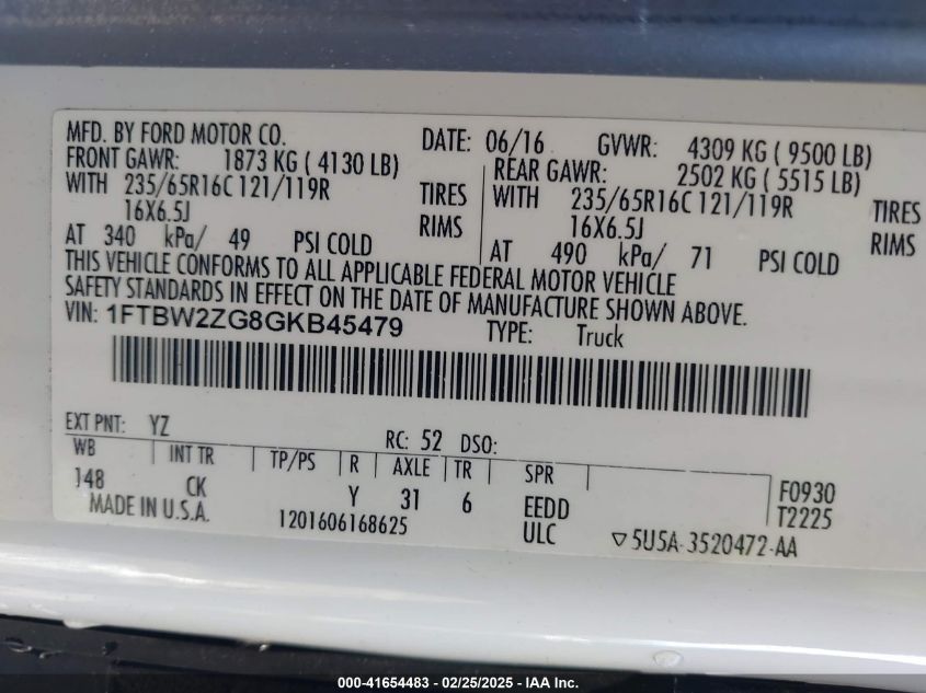 2016 Ford Transit-350 VIN: 1FTBW2ZG8GKB45479 Lot: 41654483