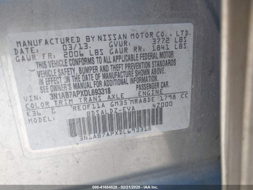 2013 Nissan Sentra Sv VIN: 3N1AB7APXDL693318 Lot: 41654528