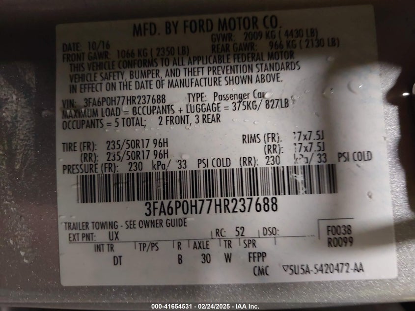 Image 9 of 2017 Ford Fusion  salvage vehicle - Lot #41654531 at IAAI