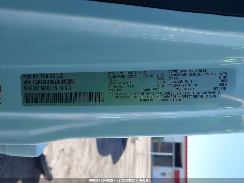 2020 JEEP WRANGLER UNLIMITED VIN: 1C4HJXDNXLW335024