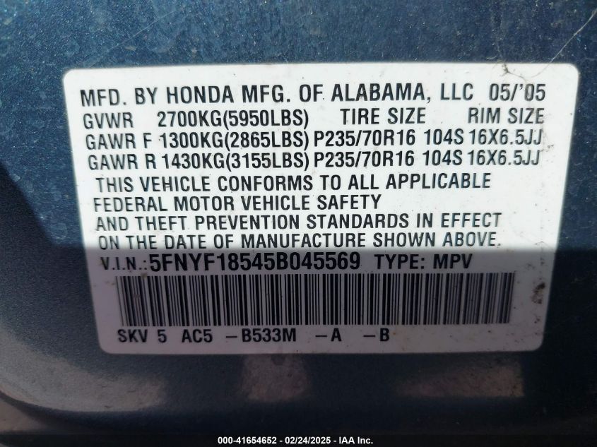 2005 Honda Pilot Ex-L VIN: 5FNYF18545B045569 Lot: 41654652