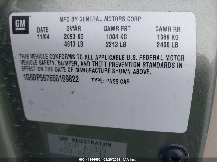 2005 Cadillac Cts Standard VIN: 1G6DP567650169822 Lot: 41654662