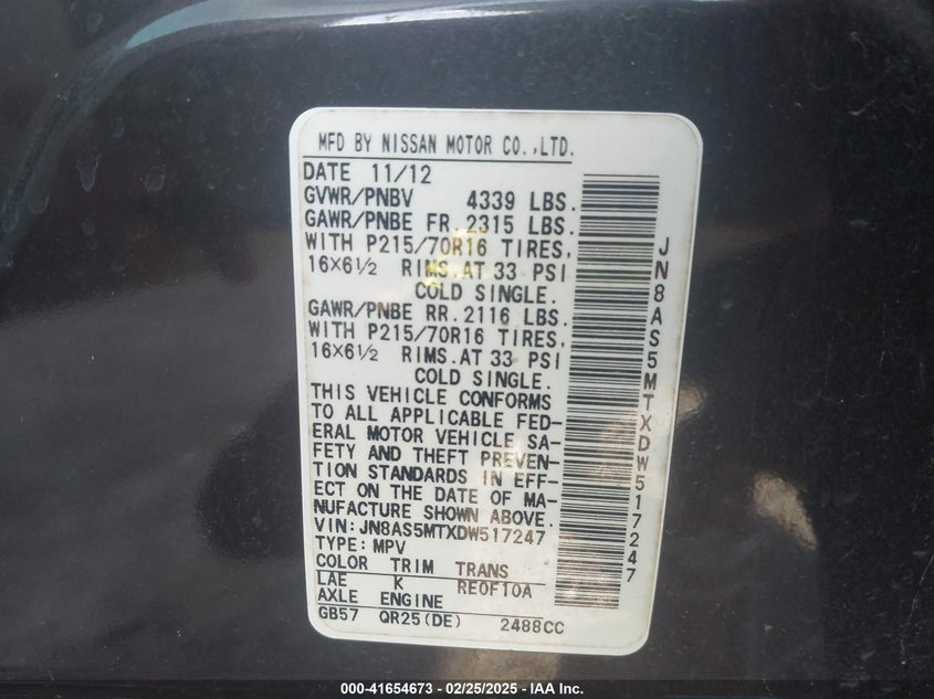2013 NISSAN ROGUE VIN: JN8AS5MTXDW517247