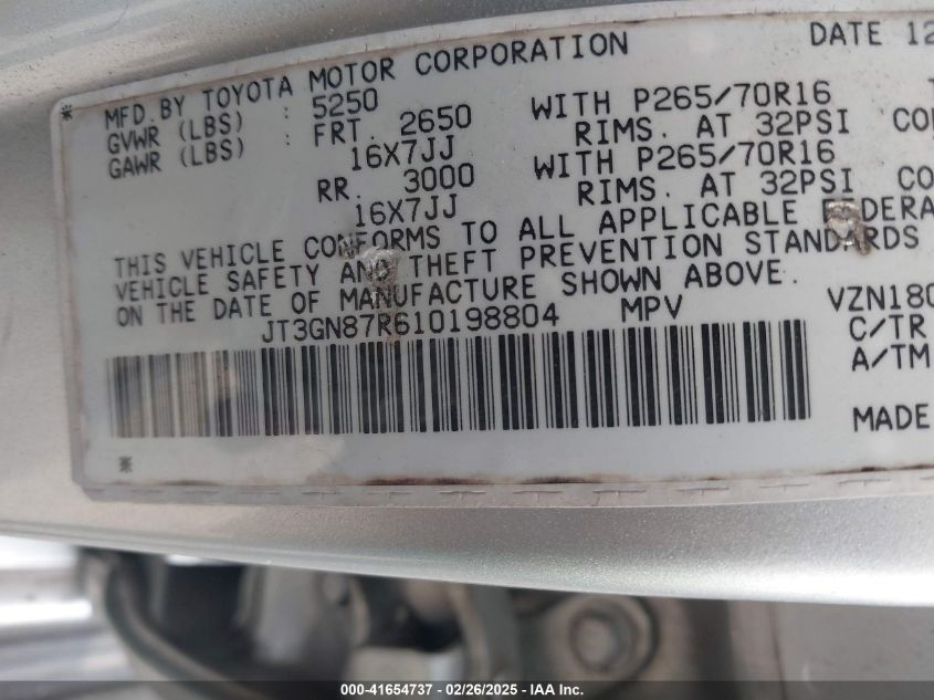 2001 Toyota 4Runner Limited V6 VIN: JT3GN87R610198804 Lot: 41654737