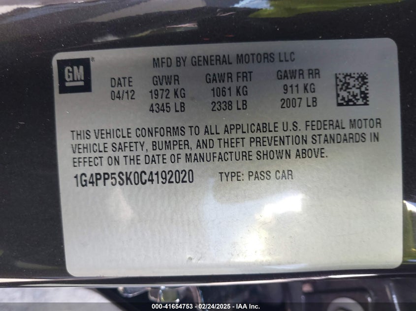 2012 BUICK VERANO VIN: 1G4PP5SK0C4192020