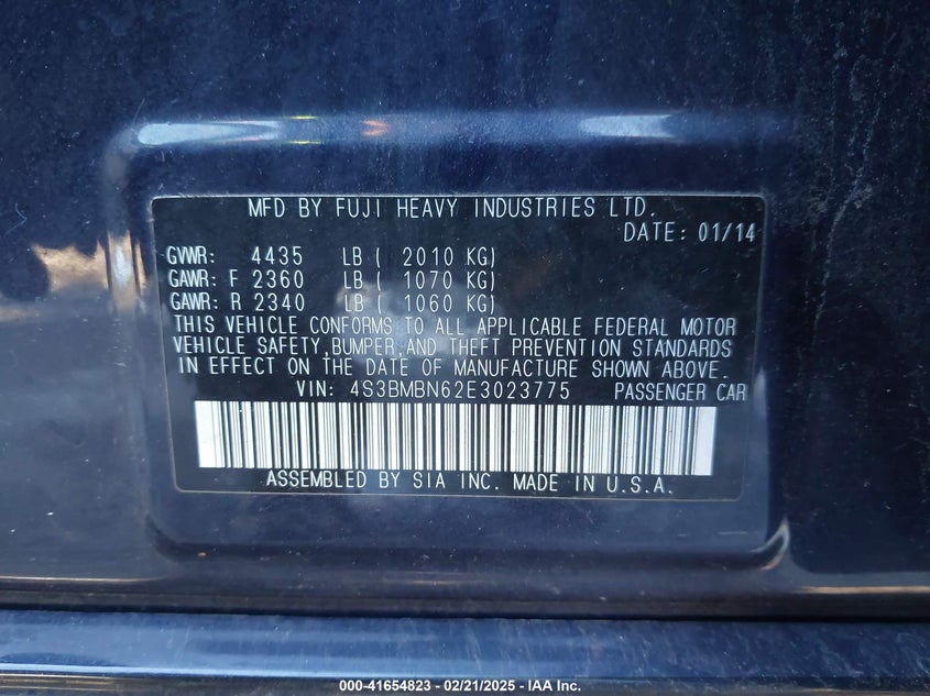 2014 SUBARU LEGACY VIN: 4S3BMBN62E3023775