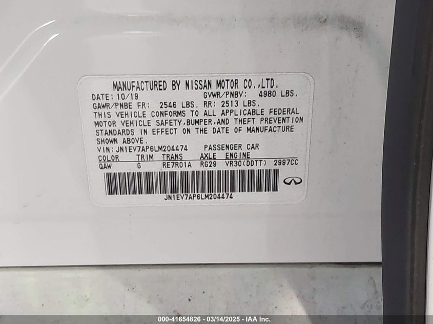 2020 INFINITI Q50 VIN: JN1EV7AP6LM204474