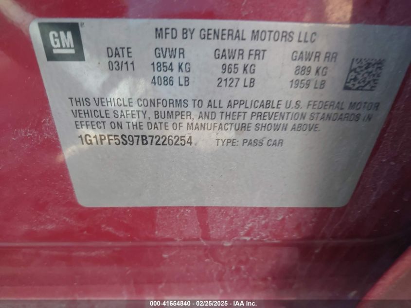 2011 Chevrolet Cruze 1Lt VIN: 1G1PF5S97B7226254 Lot: 41654840