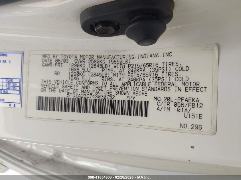 2004 Toyota Sienna Le VIN: 5TDZA23C74S030752 Lot: 41654908
