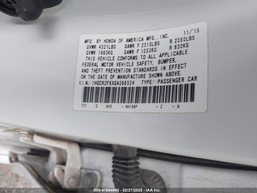 2016 HONDA ACCORD VIN: 1HGCR2F6XGA066524